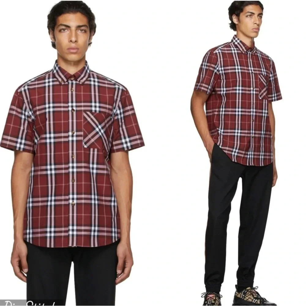 BURBERRY Red Poplin Check Short Sleeve Shirt Sz XS